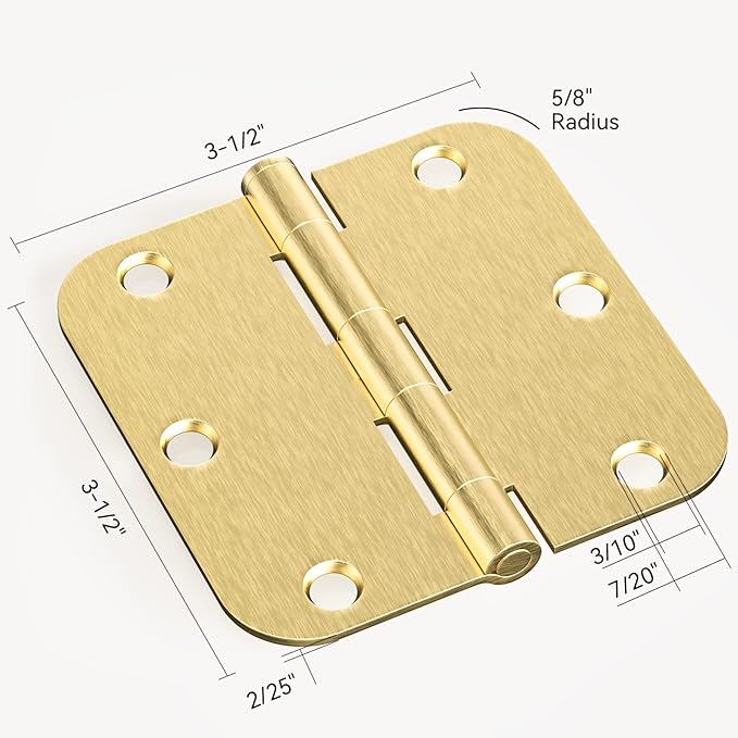 Door Hinges Satin Brass - 24 Pack Gold Door Hinges 3.5 Inch Rounded Interior Door Hinge with 5/8" Radius - 3 1/2 Inches Flat Iron Brass Hinges for Residential Standard Doors