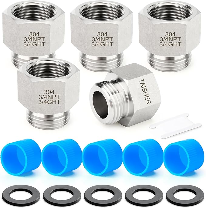 TAISHER 5PCS 304 Stainless Steel Garden Hose Adapter, 3/4" GHT Male x 3/4" NPT Female Garden Hose Connector