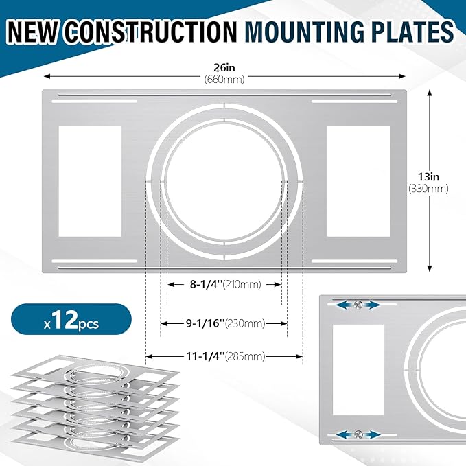 12 Pcs New Construction Mounting Plate 8/10/12 Inch Flat Steel Rough-in Light Bracket LED Recessed Lighting Housing Reinforcement Shallow Recessed Lighting Mounting Plate for LED Light Bar