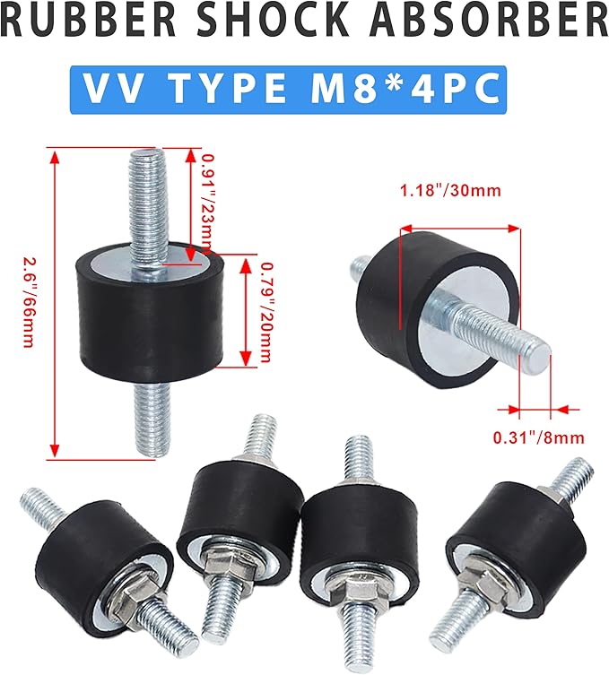 M8 Rubber Studs Shock Absorber Anti-Vibration Isolator Mounts Rubber Cylindrical Vibration Isolation Mount for Air Compressors Garage Motor Diesel Engines, 4 Pack M8 x 23 30x 20mm, 8pcs LockNuts