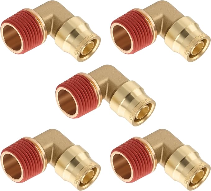 5PCS 1/2" Tube OD x 1/2" NPT Thread Connect Fittings Brass 90 Degree Union Elbow Joint DOT Approved ，Air Line Adapter Air Suspension Kit for Truck Trailers and Air Brake System