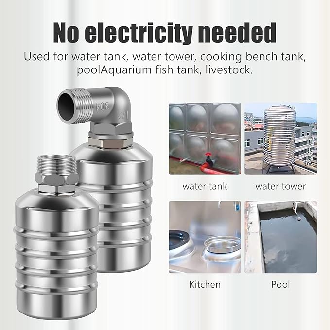 JUXILPP 304 Stainless Steel Automatic Float Valve 1/2" and 3/4" Connection Types Precise Control Water Level Controller Water Level Control Float Valve for Sink for Water Tank Livestock Troughs（2pcs）