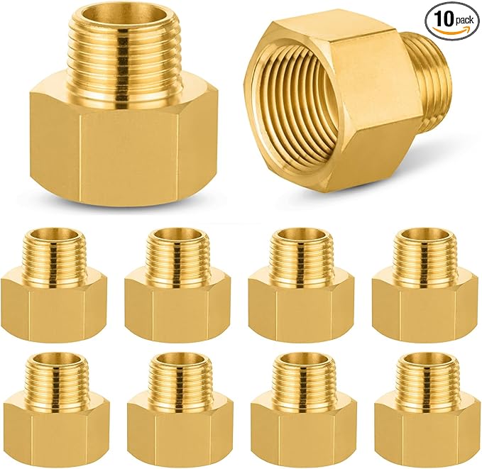 10 PACK GUOFIS Brass Pipe Fittings - 1/2" Male NPT x 3/4" Female NPT Reducing Adapter to Alter Pipe Diameters(NPT037)