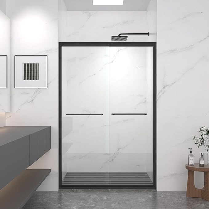 KEIKI Double Sliding Shower Door 44"-48" W x 72" H, 5/16 inch Tempered Glass Door for Walk-in Shower,Bypasss Bathroom Shower Enclosure, with Towel Bar & Mute Sliding Rollers,Matte Black Finished