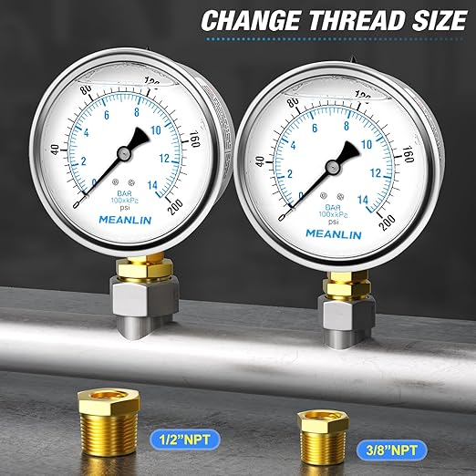 MEANLIN MEASURE 0~200Psi Stainless Steel 1/4" NPT 4" FACE DIAL Liquid Filled Pressure Gauge WOG Water Oil Air Lower Mount, with 1/4" x 1/2" NPT and 1/4" x 3/8" NPT Hex Bushing