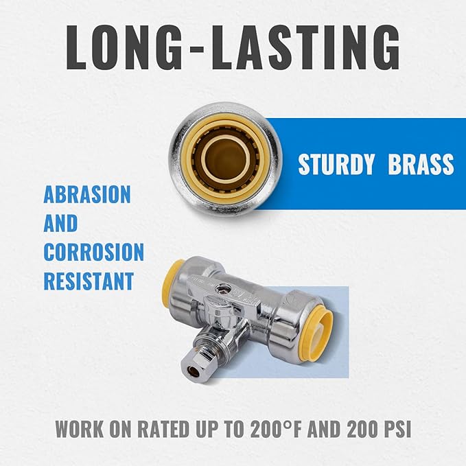 SUNGATOR 3/4 x 3/4 x 1/4 Inch Compression Tee Stop Valve, 1/4 Turn, No Lead Brass Push to Connect Plumbing Fitting for PEX Pipe, Copper, CPVC, with 1 Disconnect Clip and 1 Sealing Tape