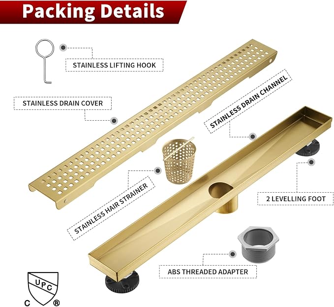 Sharp-tec 36 inch Linear Shower Drain, Gold Rectangular Floor Drain, V-Shape Design Drain Channel, 304 Stainless Steel, cUPC Certificated for Bathroom Shower Room (Drain Base is Not Included)