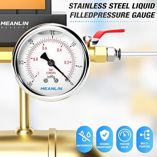 MEANLIN MEASURE -30inHG~0Psi Stainless Steel 1/4" NPT 2.5" FACE DIAL Vacuum Pressure Gauge, Center Back Mount, with 1/4" x 1/2" NPT and 1/4" x 3/8" NPT Hex Bushing