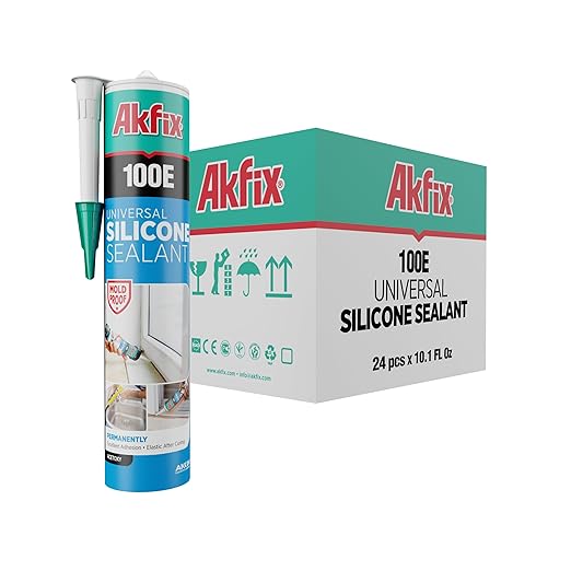 Akfix 100E RTV Silicone Caulk Clear (24x10.1 fl.oz.) - 100% Silicone Sealant Waterproof for Kitchen and Bathroom, Shower, Toilet, Sink, Window and Door, No Discoloring | Clear, 24 Pack