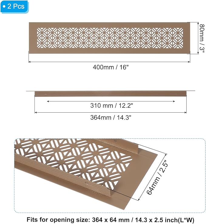 PATIKIL 16 x 3 Inch Door Air Vent Cover, 2 Pcs Heavy Duty Aluminum Grille Ventilation Cover Louvered with Mounting Screws for Cabinet Wardrobe Door, Brown