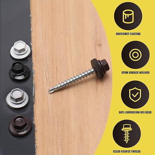 250pcs #10 x 1-1/2" Galvanized Hex Head Self-Drilling Metal Roofing Screws, EPDM Washer, No Paint, Sheet Metal Roof Screw with Hex Driver Bit