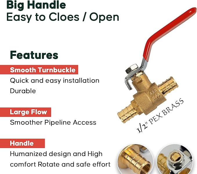 1/2" Pex Brass Ball Valve - Shut Off Valve for Water Hose - Crimping Tool - Hot Cold Fittings (Pack of 10)