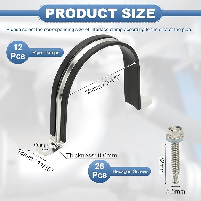 PATIKIL 12Pcs Pipe Clamps, 3-1/2 Inch 304 Stainless Steel Rubber Cushioned U Bracket Conduit Clamps Pipe Strap Wire Clips with Hexagonal Screw for Tube Hose Cord Installation, 89mm