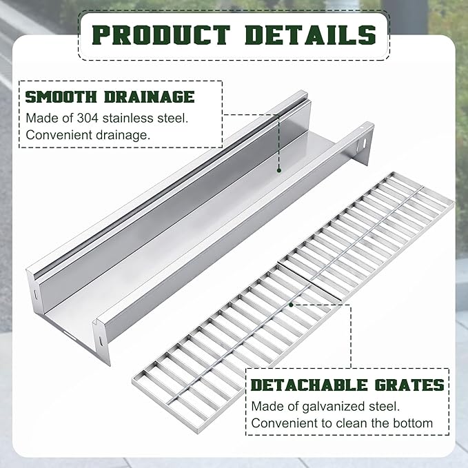 Blulu 1 Pcs 304 Stainless Steel Channel Drain with Galvanized Steel Grate 39.4x10x5.5 Inch Trench Drain Kit for 3'' Pipe Durable French Drains System for Outdoor Driveway Garage Yard (Silver)