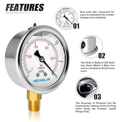 MEANLIN MEASURE -30inHG~0Psi Stainless Steel 1/4" NPT 2.5" FACE DIAL Vacuum Pressure Gauge, Lower Mount, with 1/2" NPT and 3/8" NPT Hex Bushing