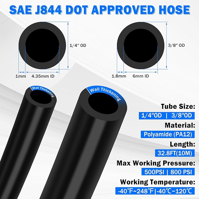 Air Line Tubing Kit, 1/4" 3/8" Air Line Quick Connect Fittings with 1/4" OD x 32.8 FT (10M) & 3/8" OD x 32.8 FT (10 M) DOT Nylon Air Hose Tubing Pneumatic Push Lock Fittings Kit (50 Pcs)