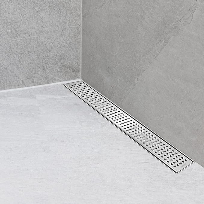 Neodrain 18-Inch Brushed Linear Shower Drain with Removable Quadrato Pattern Cover, 304 Stainless Steel Rectangle Shower Floor Drains, Bathroom Linear Drain &Hair Strainer(Brushed Nickel)