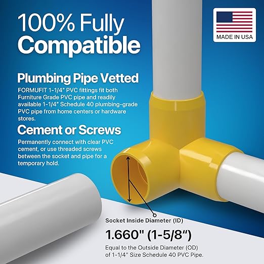 FORMUFIT 1-1/4" 3-Way Elbow Furniture Grade PVC Fitting in Yellow, Made in USA, UV-Resistant, Impact-Proof, 1.660" Actual Socket Diameter (Pack of 4)