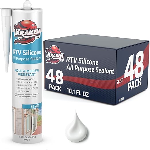 Kraken Bond White Silicone Sealant Waterproof%100-10 fl oz Cartridge - RTV Silicone Caulk Bathroom and Kitchen, All Purpose, Window Caulking Sealant Outdoor, RV, Exterior Use Silicon - 48 Pack