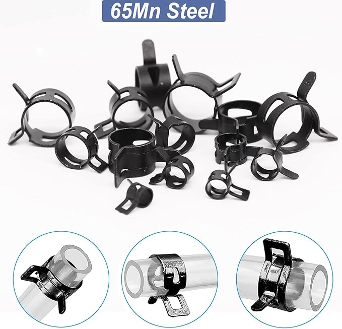 AKIHISA 100 Pcs 20-27mm Spring Hose Clamp, Spring steel 65Mn Fuel Hose Clamp, 8 sizes for Silicone Vacuum Fuel Oil Hose Line Clamps