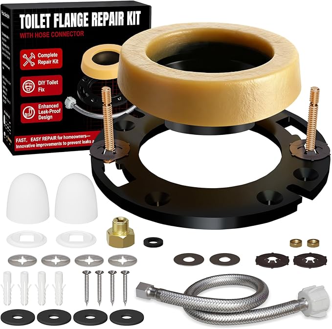 Toilet Wax Ring Replacement Kit with Flange & 16" Water Supply Line (7/8 in. Ballcock x 3/8 in. Comp) – Toilet Installation Kit, 3"/4" Drain Compatible, Toilet Flange Repair Kit