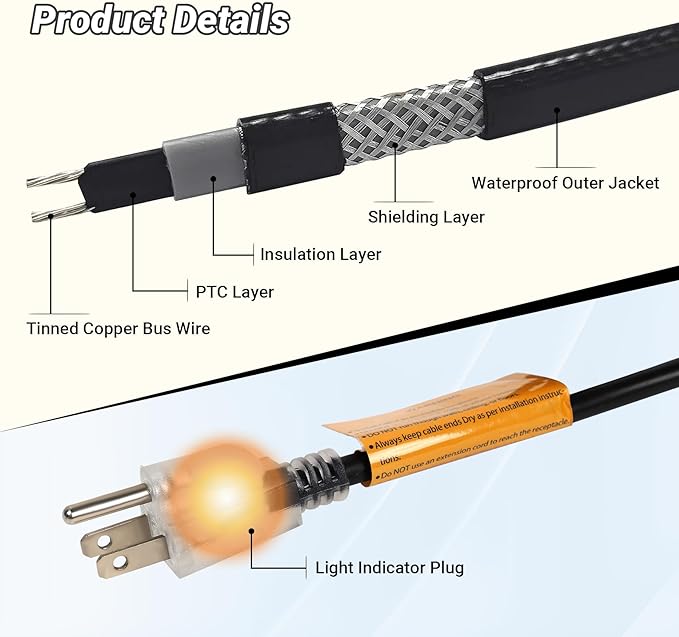 Heat Tape for Roof and Gutters 152FT, 8 Watts/ft Roof Heat Cable w/ 60PCS Clips & Spacers, Self-Regulating Heat Cable w/LED Plug, Gutter Heat Cable for Ice Dam & Pipe Freeze Prevention