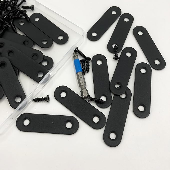 QSJ 24 Pcs Black Straight Bracket Mending Plate for Wood Stainless Steel Straight Brackets 56mm / 2.2" Wood Brace with Screws and Screwdriver