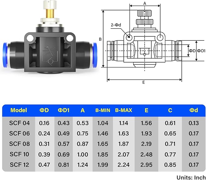 TAILONZ PNEUMATIC Air Flow Control Valve with Push-to-Connect Fitting, in-Line Speed Controller Union Straight - 6MM Tube OD x 6MM Tube OD SCF-6 （Pack of 1）