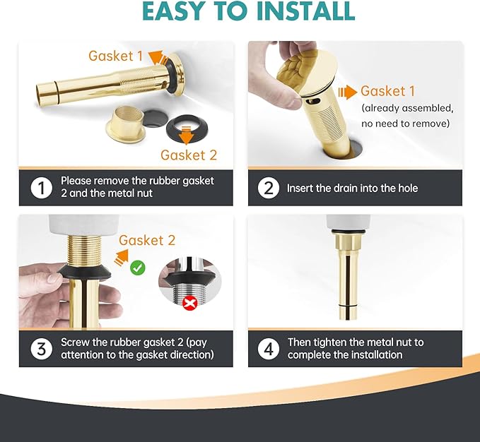 Glod Pop Up Bathroom Sink Drain with Overflow - Fits 1-5/8" to 2" Holes, 304 Stainless Steel for Vanity/Vessel Sink