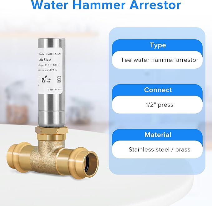 Propress Water Hammer Arrestor (2-Pack) - 1/2" Copper Press Connection, Tee, Stainless Steel - Reduce Pressure and Noise