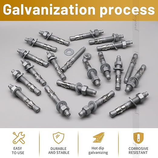 3/8 x 3-3/4 inch Wedge Concrete Anchors kit Galvanized Carbon Steel, Expansion Screw Bolt Heavy Duty Fasteners for Masonry Concrete (Pack of 10)
