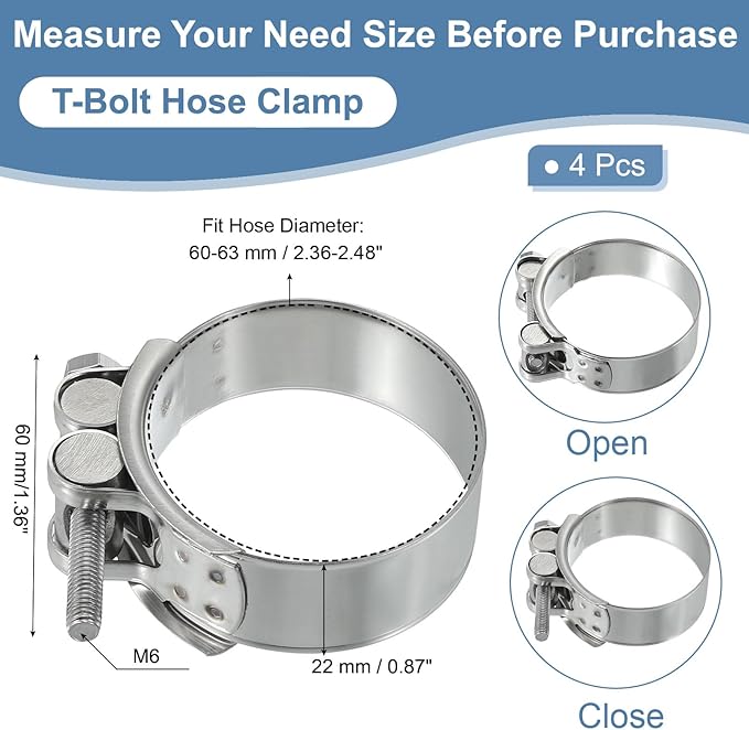 PATIKIL 60-63mm T-Bolt Hose Clamp, 4 Pack Intercooler Pipe Tube Clamps 304 Stainless Steel Radiator Hose Clamp for 2.36"-2.48" Pipe