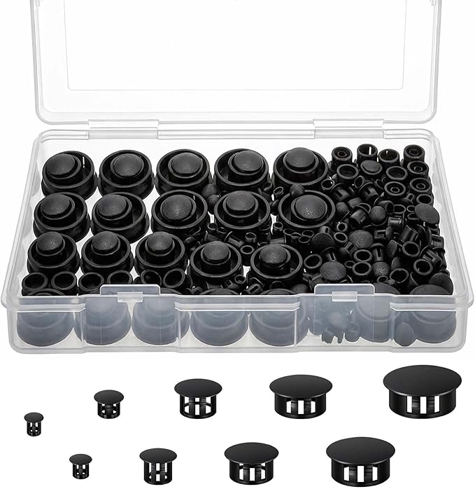 200Pcs Plastic Hole Plugs - 9-Size 1/5" 1/4" 5/16" 3/8" 1/2" 5/8" 3/4" 7/8" 1" Round Nylon Screw Hole Plug, Panel Knockout Locking Plugs, Insert End Caps for Furniture Kitchen Cabinet(Black)