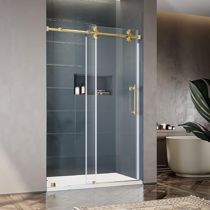 46-49 Inch x 76 Inch Sliding Frameless Shower Door, 3/8" Tempered Glass with Easy-Cleaning Coating, Stainless Steel Rollers & SGCC-Certified Stability, Satin Brass
