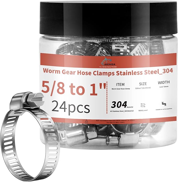 24 Pack 5/8" - 1" Worm Gear Hose Clamps, Adjustable Range 16-25mm 304 Stainless Steel Fuel Line Hose Clamps for Pipe, Plumbing, Automotive and Mechanical Application