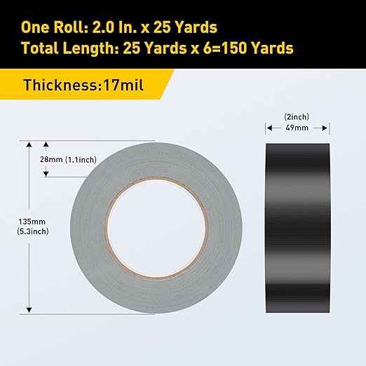 Lichamp 6 Rolls Heavy Duty Thicker Black Duct Tapes, 17 mil No Residue Duct Tape for Packaging Taping Sealing Repairing Tying, Wide Tape for DIY or Commercial Use, 2 Inches x 25 Yards, B206BK