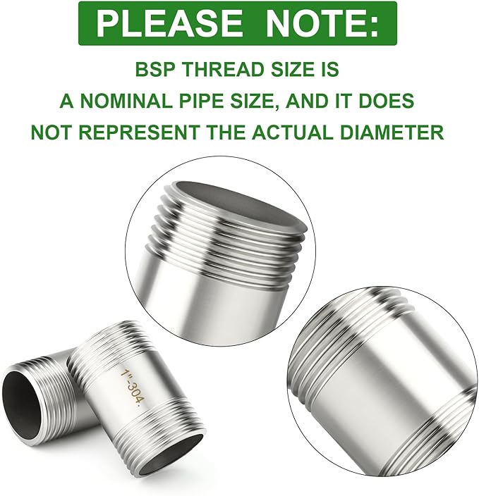 TAISHER 2PCS Stainless Steel Pipe Fittings, 1" BSP Male x 1" BSP Male Threaded, 2" Length Nipple Cast Pipe