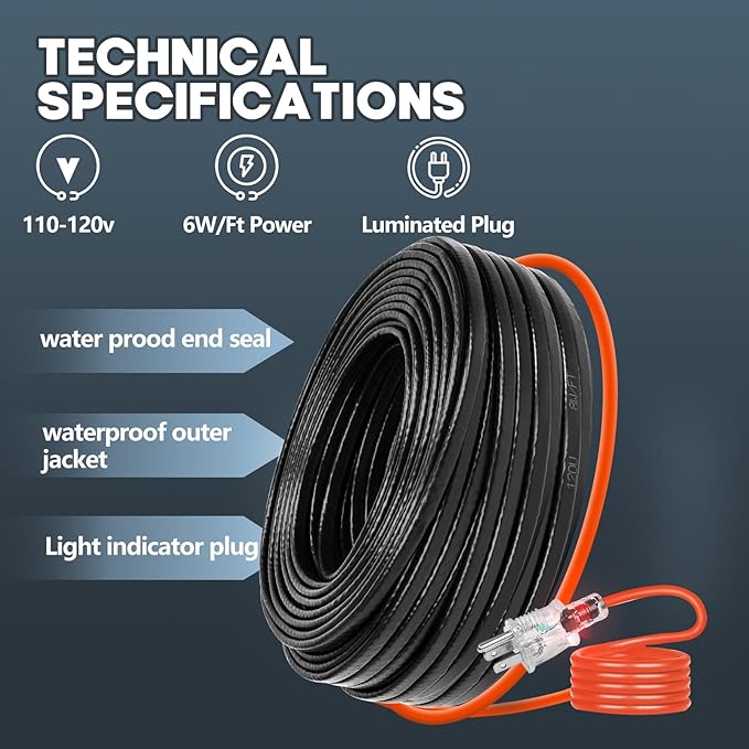 80FT(3FT~200FT) Heat Tape for Water Pipes, -40°F Deicing Heating Cable, Freeze Protected Water Pipe Heating Cable, Heated Water Hose, Plumbing Fixtures, 120V 5W/ft Plumbing Fixtures