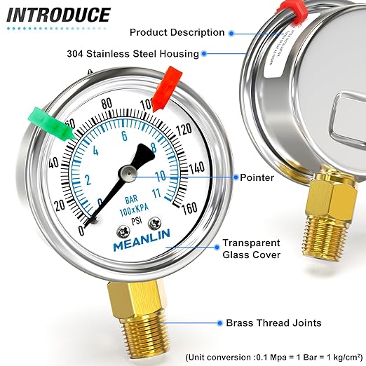 MEANLIN MEASURE 0~160Psi Dry Pressure Gauge Stainless Steel 1/4" NPT 2" FACE DIAL Waterproof for Air Compressor RV Regulator Water Pressure Tester Lower Mount (with 2PCS Snaps)