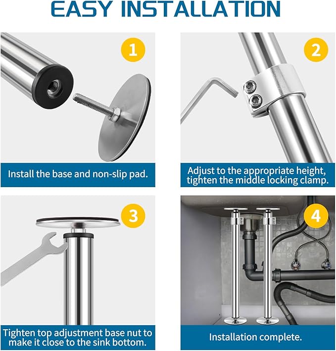 Snowtaros Undermount Sink Brackets, Stainless Steel Undermount Sink Support, 17.7“-31.1" Adjustable Support Pole, Undermount Sink Repair Kit for Kitchen, Bathroom (2 Pack)