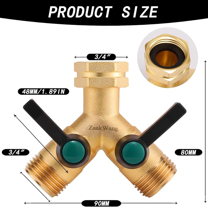 Garden Hose Splitter High Flow, Y - Distributor, Heavy Duty Solid Brass 3/4” GHT Inlet, Garden Faucet Diverter, Full Flow Outdoor Hose Adapter Connector (2 Pack)