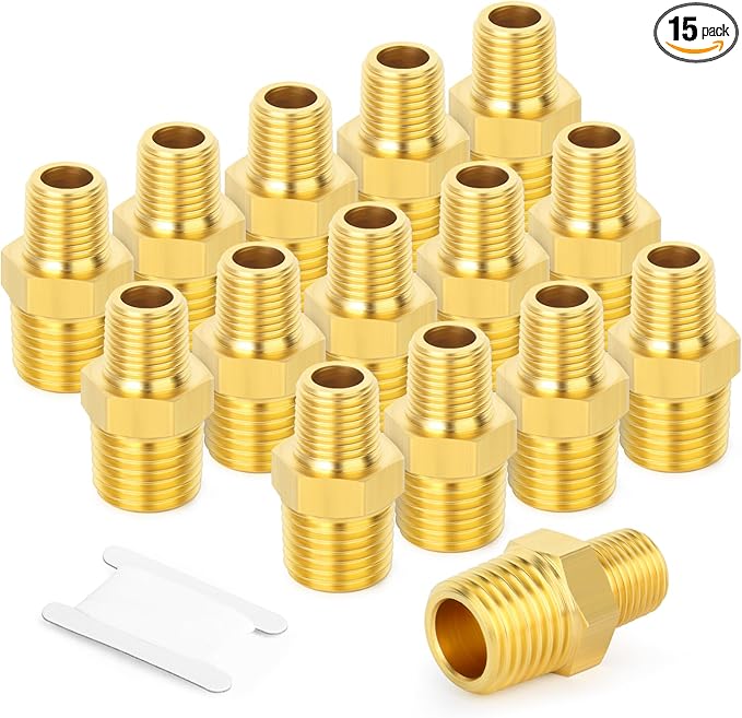 GASHER Brass Reducing Hex Nipples,1/4 Inch NPT Male x 1/8 Inch NPT Male Brass Pipe Adapter Fittings Reducing Nipples Connector（15Pcs）