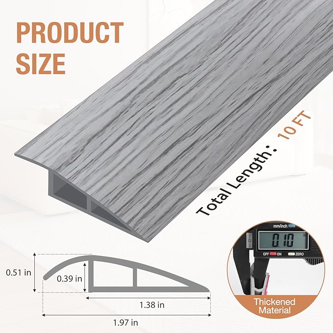 Floor Transition Strip Self Adhesive Vinyl Door Threshold for Doorways Carpet Edging Trim Overlap Edge Reducer for Laminate Floor, Carpet, Tile (Light Gray Wood Grain, 1/5" to 2/5", 10Ft)