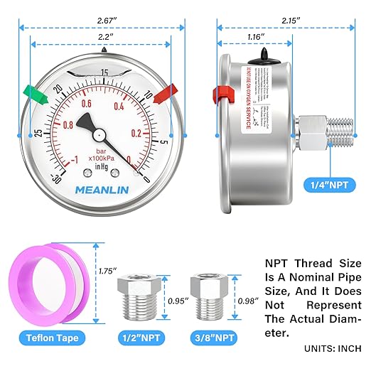 MEANLIN MEASURE -30inHG~0Psi Vacuum Pressure Gauge 316 Stainless Steel Joint 1/4" NPT 2.5" FACE DIAL, Liquid Filled Pressure Gauge WOG Water Oil Air Back Mount with Stainless Steel Hex Bushing, Snaps
