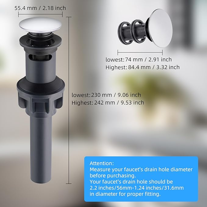 Hibbent 2 Pack Universal Bathroom Sink Drain Stopper, Pop Up Drain Strainer with Overflow, Push and Seal Sink Plug with Basket for Lavatory Vanity Vessel, Anti-Clogging Strainer, Chrome