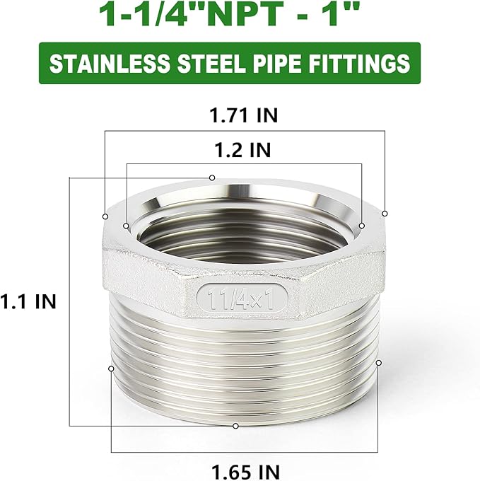 TAISHER 2PCS 304 Stainless Steel Reducer Hex Bushing, 1-1/4" NPT Male x 1" NPT Female, Reducing Pipe Adapter Fitting