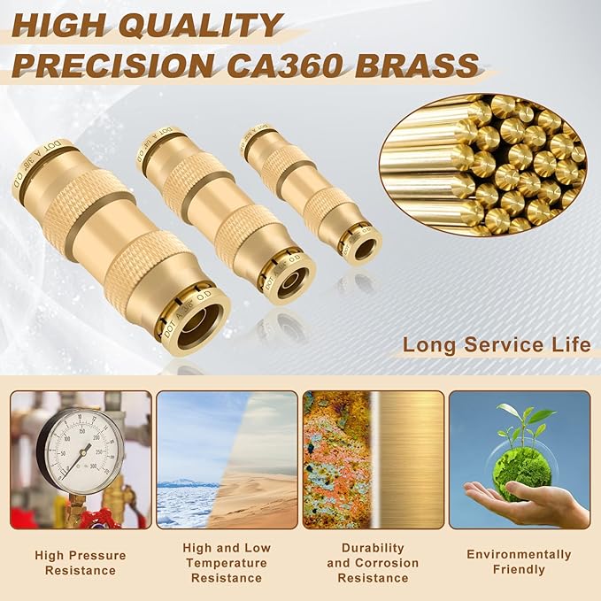 26pcs Quick Connect Brass DOT Air Line Fittings Straight Union 1/4” 3/8” 5/32” Tube Push to Connect Fittings Air Suspension Fitting Straight Air Brake Union Push Lock Pneumatic Air Hose Fitting