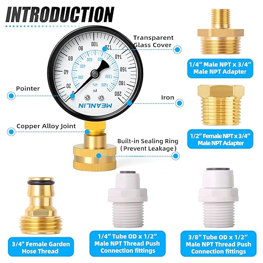 MEANLIN MEASURE 0~200Psi 3/4" Female Water Pressure kit Plus 5 adapters, 2.5" FACE DIAL Multi-Purpose Pressure Gauge kit, Hydraulic Tester,Suitable for Gardens, Water Pipes, etc