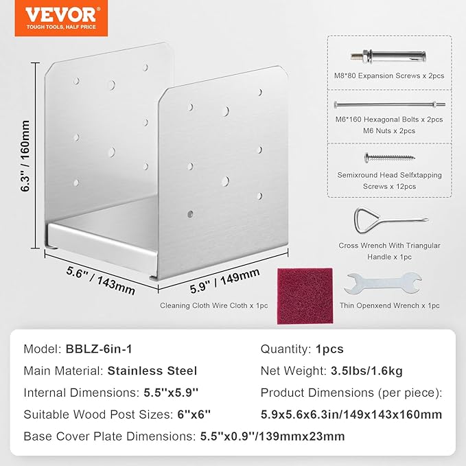 VEVOR 6"x 6" Post Base, 1Pcs Stainless Steel Adjustable Post Anchor Bracket(Internal 5.9 x 5.5"), Adjustable Post Base for Pavilion Deck Porch Handrail Railing Support Decorative Anchor Plate
