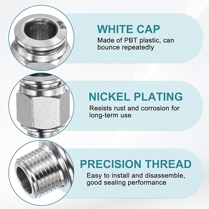 HARFINGTON Push to Connect Fittings 5/16" Tube OD x 1/8" NPT Thread Male Straight Union Fittings 304 Stainless Steel Quick Connect Pneumatic Accessories for Trailers Air Brake System